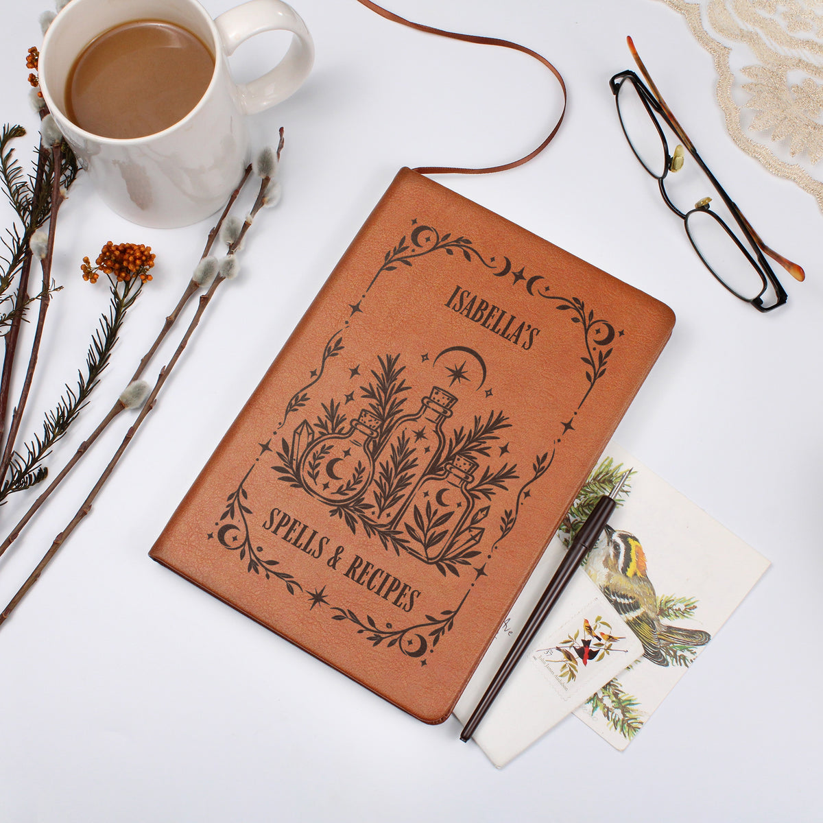 Personalized Witchy Journal, Engraved Vegan Leather Grimoire, Botanical and Crystal Designs