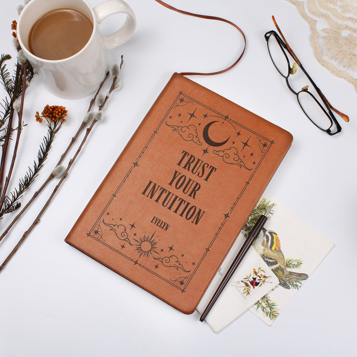 Personalized Celestial Journal, Engraved Vegan Leather Notebook, Tarot and Moon Designs