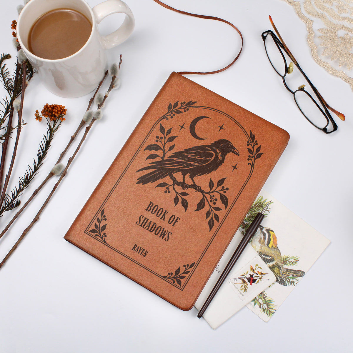Personalized Witchy Journal, Engraved Vegan Leather Notebook, Cat, Moth, Snake and Raven Designs