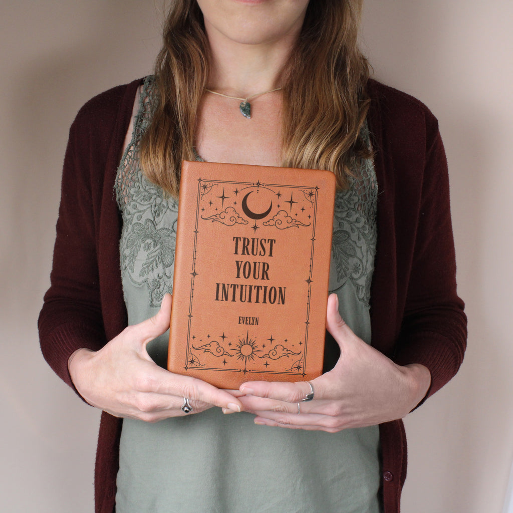 Personalized Celestial Journal, Engraved Vegan Leather Notebook, Tarot and Moon Designs