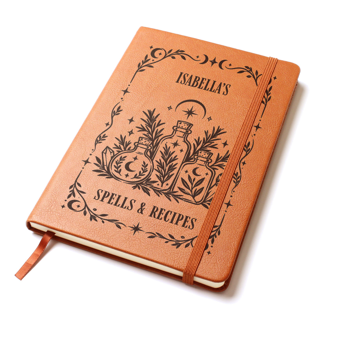 Personalized Witchy Journal, Engraved Vegan Leather Grimoire, Botanical and Crystal Designs