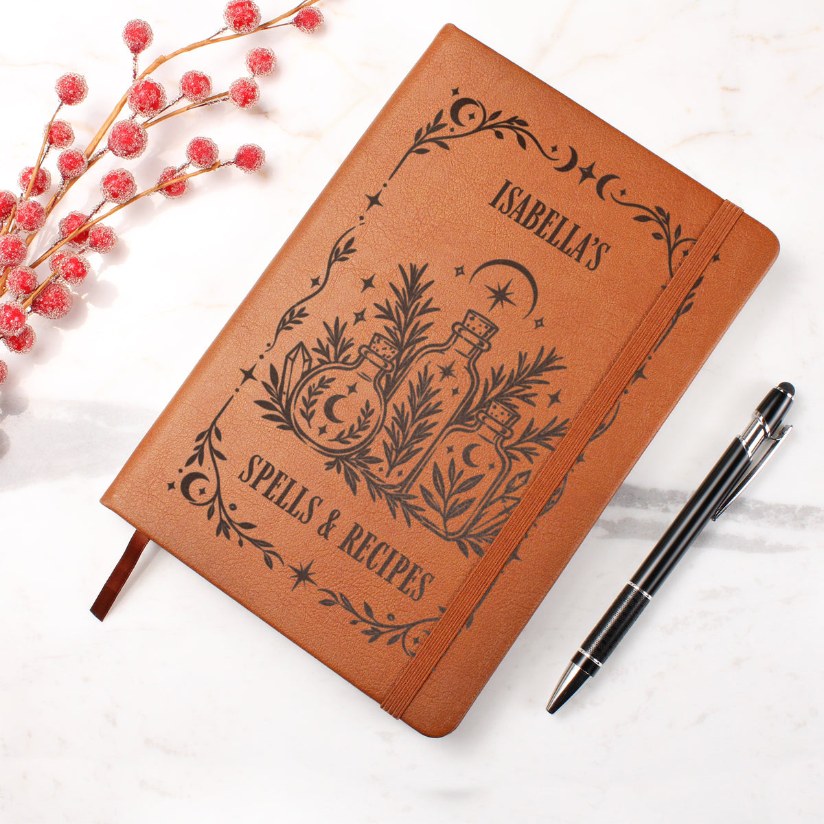 Personalized Witchy Journal, Engraved Vegan Leather Grimoire, Botanical and Crystal Designs