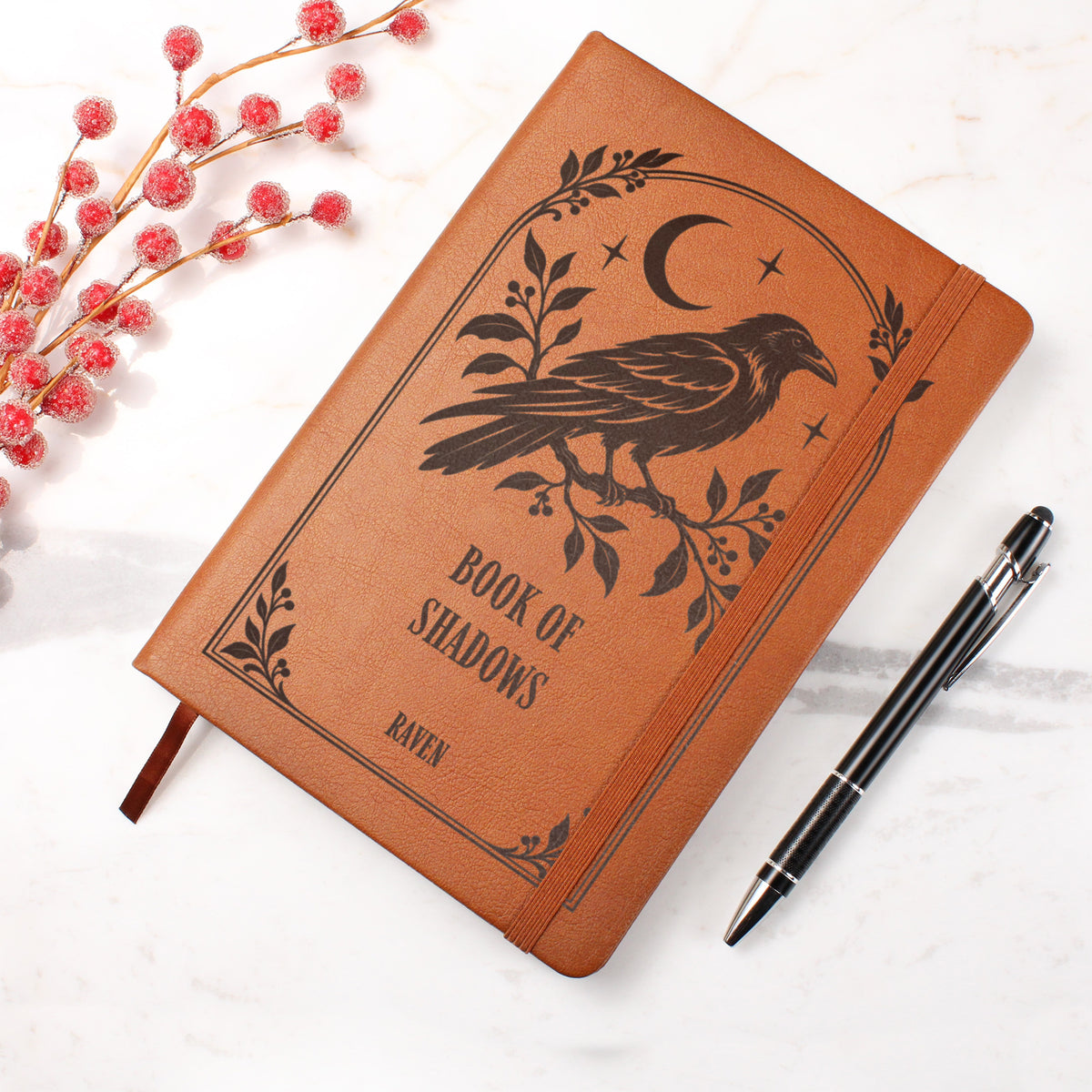 Personalized Witchy Journal, Engraved Vegan Leather Notebook, Cat, Moth, Snake and Raven Designs
