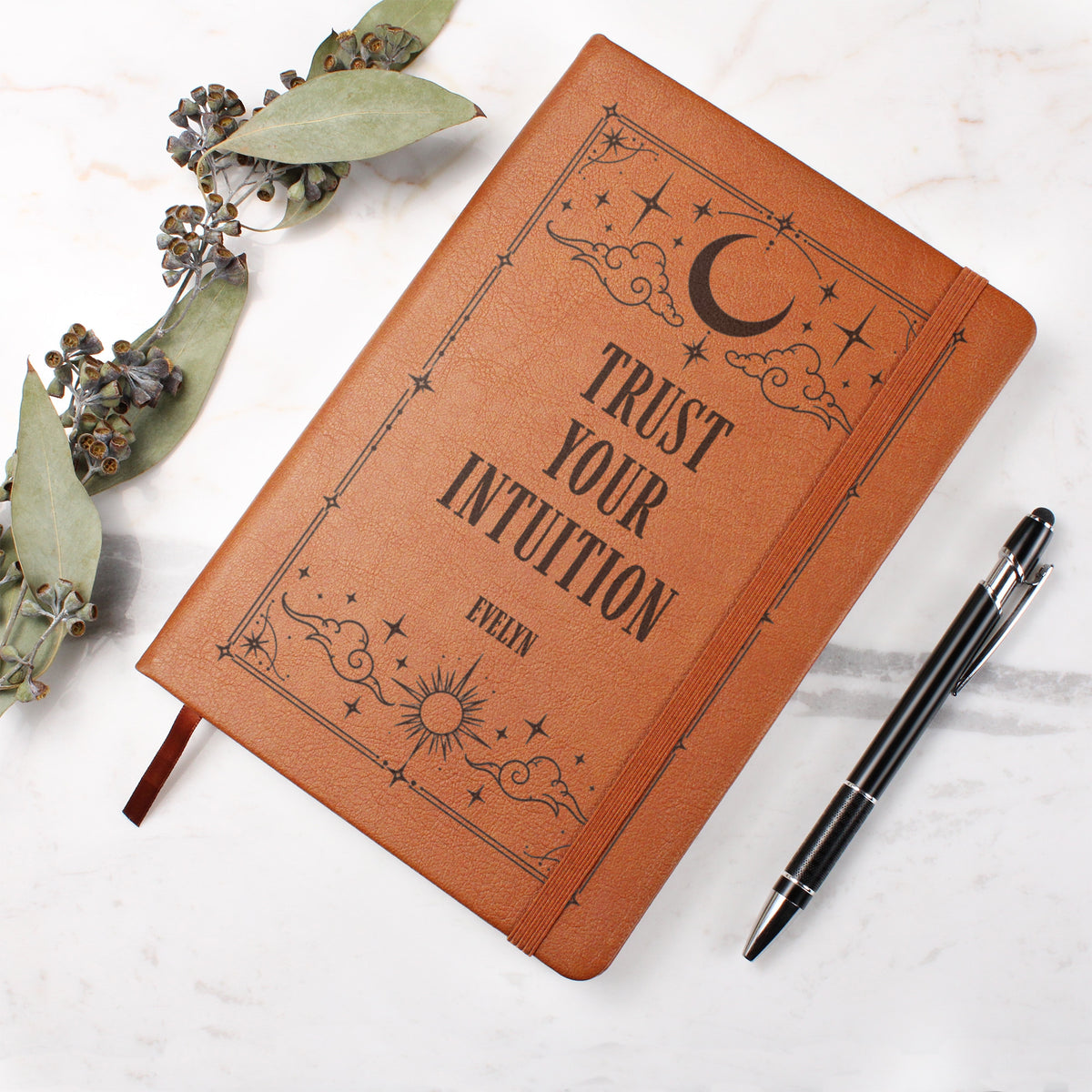 Personalized Celestial Journal, Engraved Vegan Leather Notebook, Tarot and Moon Designs