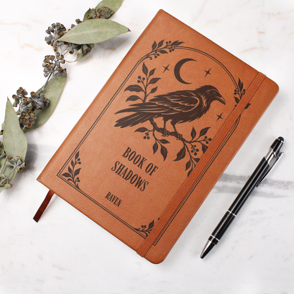 Personalized Witchy Journal, Engraved Vegan Leather Notebook, Cat, Moth, Snake and Raven Designs