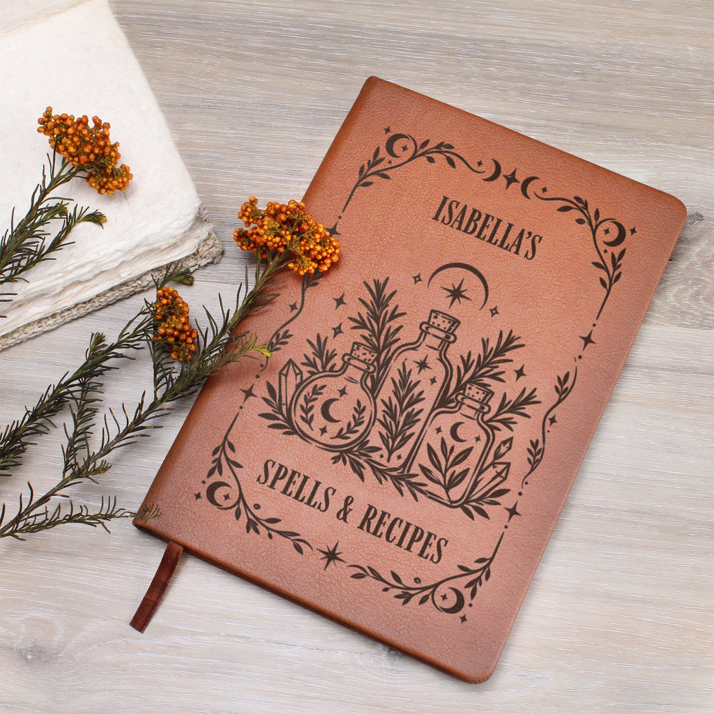 Personalized Witchy Journal, Engraved Vegan Leather Grimoire, Botanical and Crystal Designs