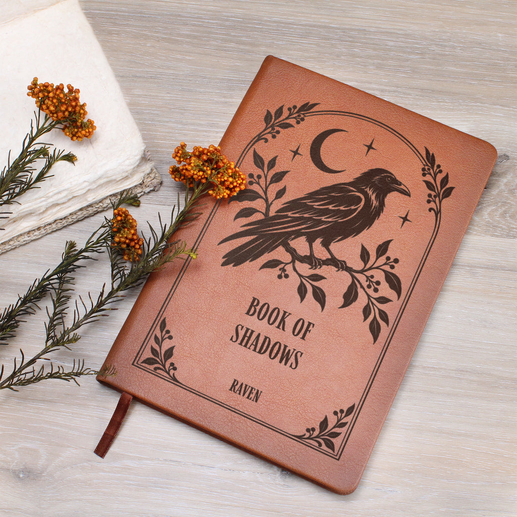 Personalized Witchy Journal, Engraved Vegan Leather Notebook, Cat, Moth, Snake and Raven Designs