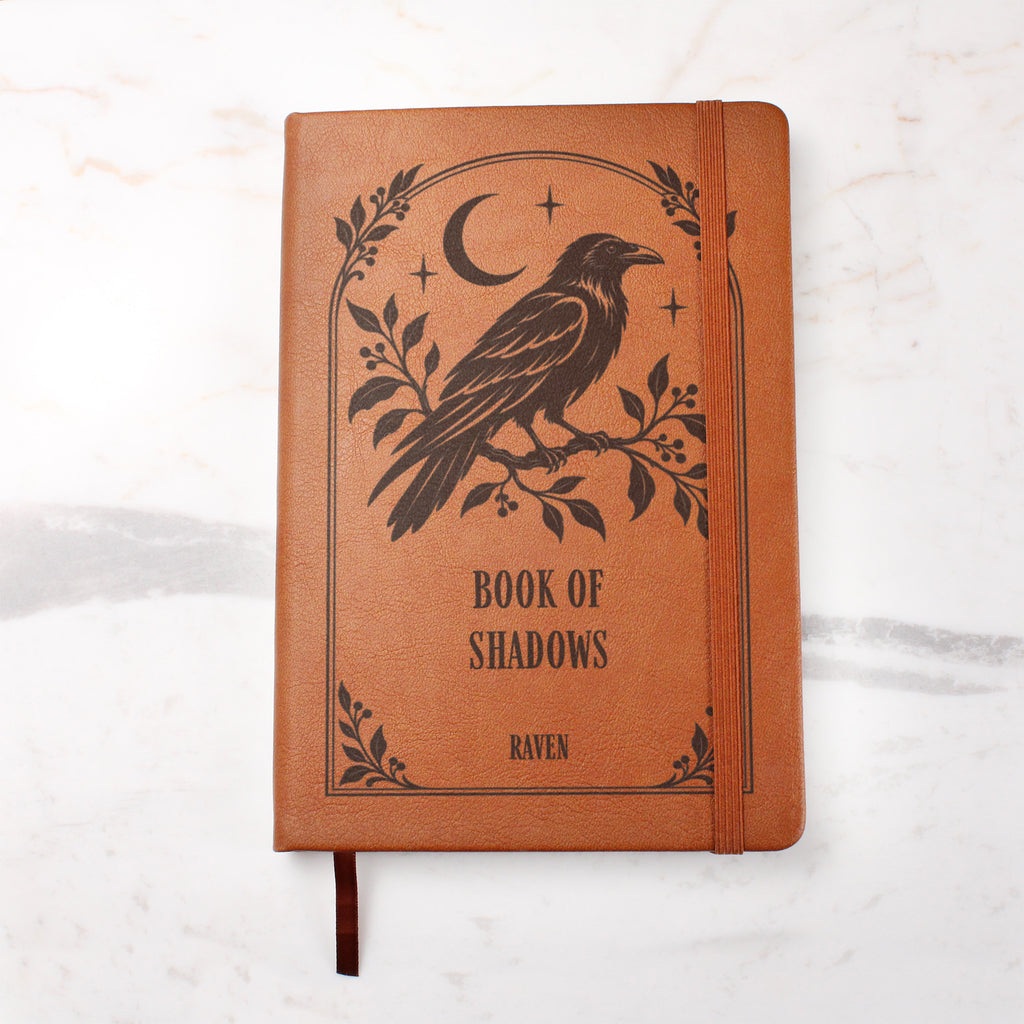Personalized Witchy Journal, Engraved Vegan Leather Notebook, Cat, Moth, Snake and Raven Designs