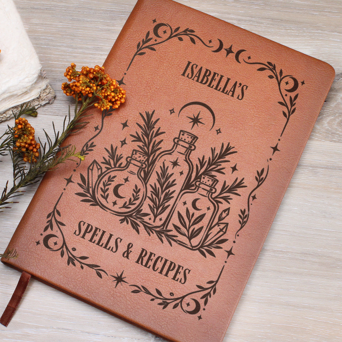 Personalized Witchy Journal, Engraved Vegan Leather Grimoire, Botanical and Crystal Designs