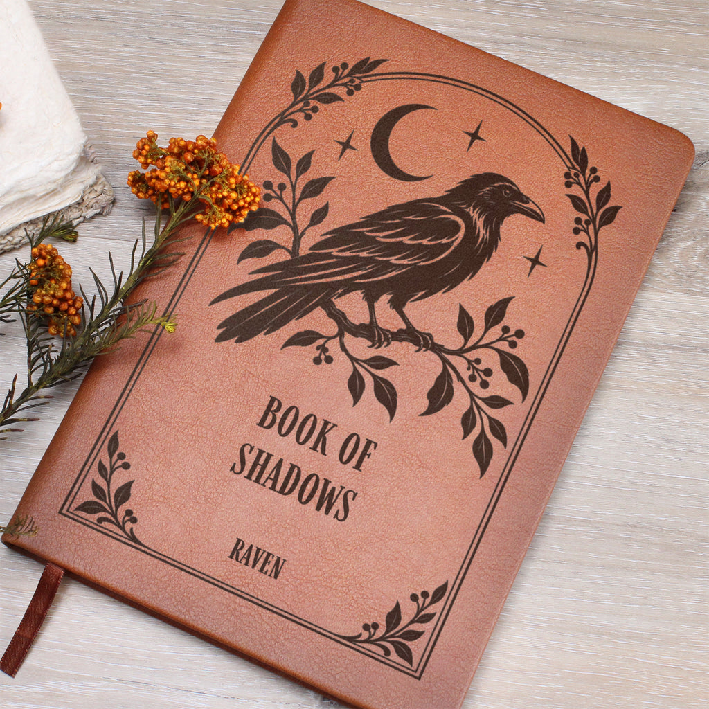 Personalized Witchy Journal, Engraved Vegan Leather Notebook, Cat, Moth, Snake and Raven Designs