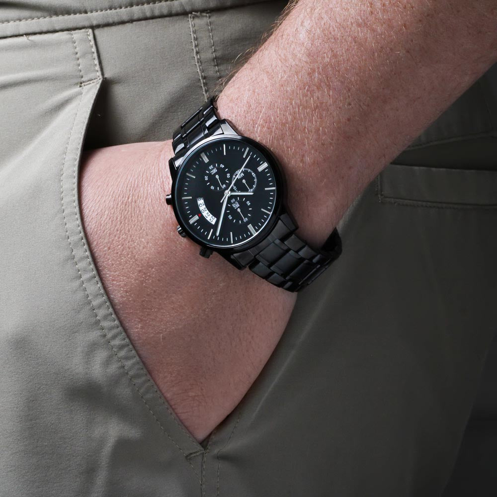 Personalized Dad Watch from Kids, Custom Engraved Father's Day Watch, Dad's Crew Gift, Black Chronograph Watch for Dad or Grandpa
