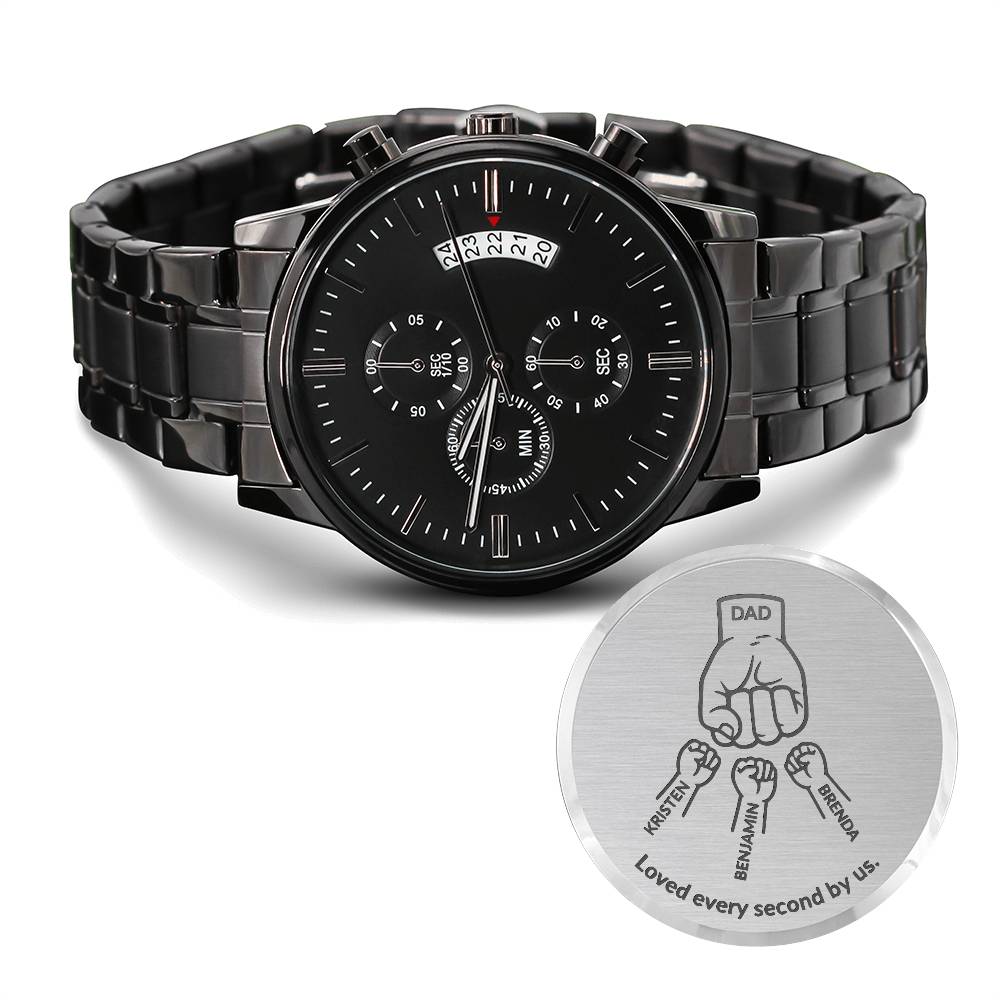 Personalized Dad Watch from Kids, Custom Engraved Father's Day Watch, Dad's Crew Gift, Black Chronograph Watch for Dad or Grandpa