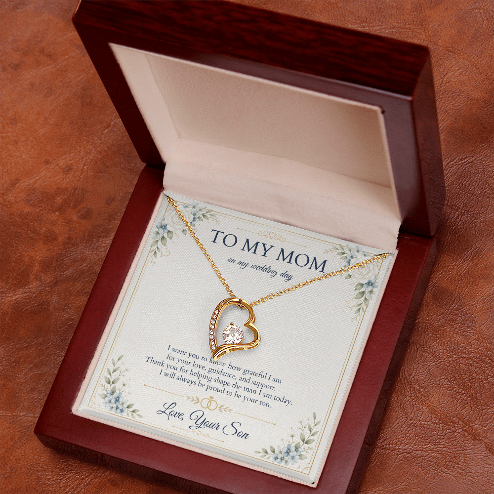 Mother of the Groom Necklace from Son, Wedding Day Gift for Mom, Forever Love Necklace with Personalized Message Card