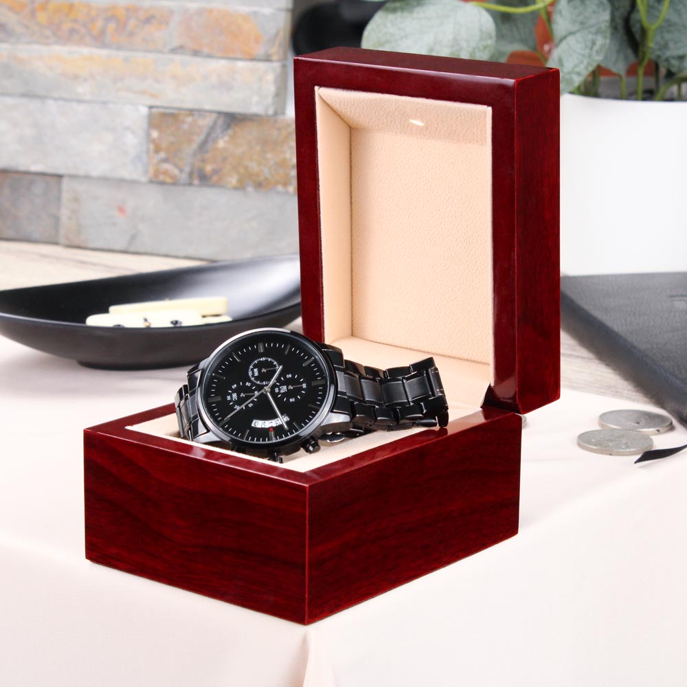 Personalized Dad Watch from Kids, Custom Engraved Father's Day Watch, Dad's Crew Gift, Black Chronograph Watch for Dad or Grandpa