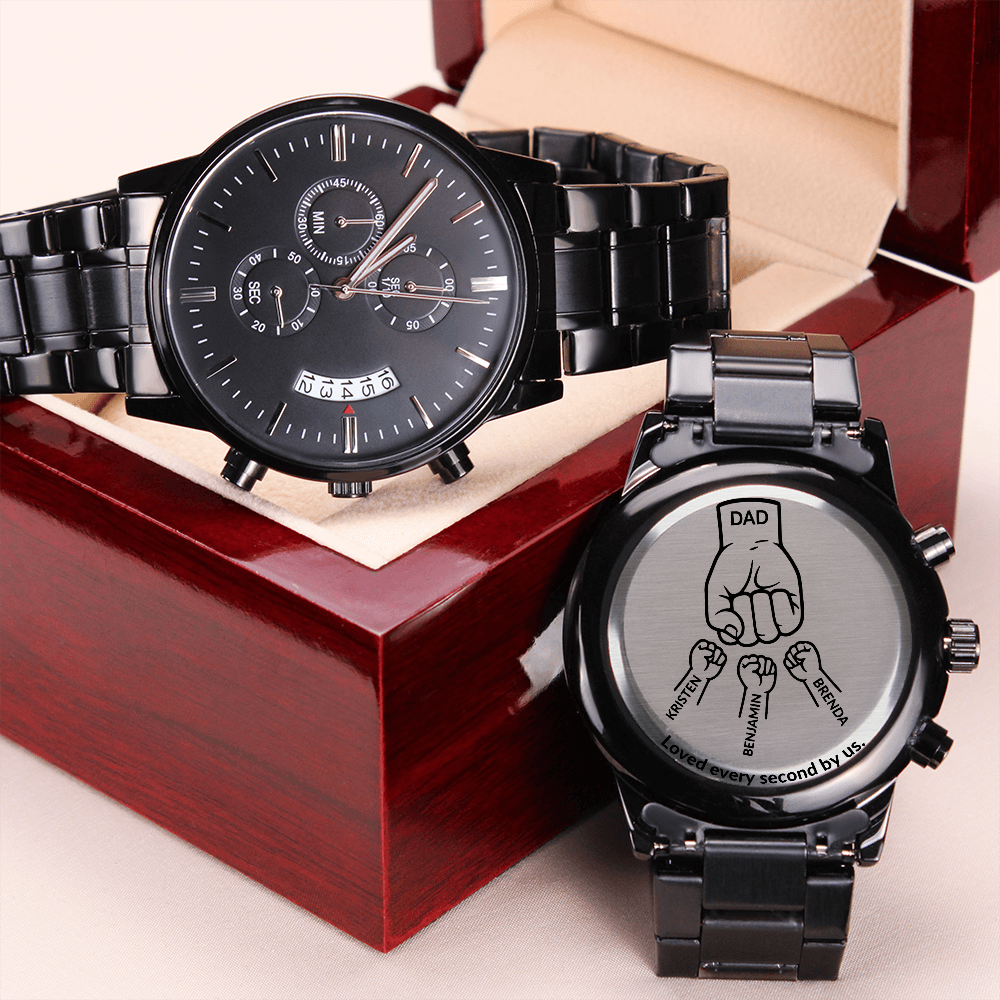 Personalized Dad Watch from Kids, Custom Engraved Father's Day Watch, Dad's Crew Gift, Black Chronograph Watch for Dad or Grandpa