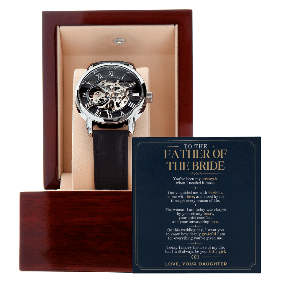 Father of the Bride Watch Gift from Daughter, Personalized Wedding Day Gift for Dad, Custom Message Card Openwork Watch, Bride to Dad Keepsake
