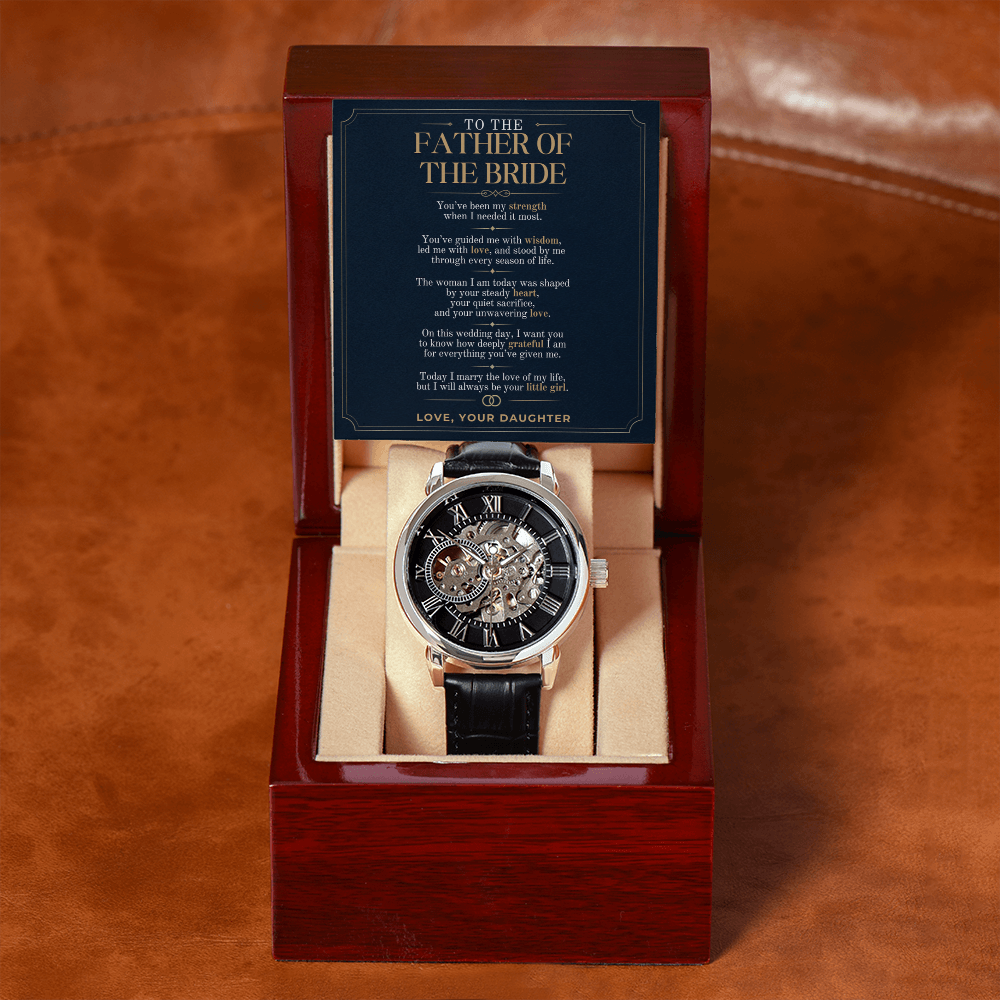 Father of the Bride Watch Gift from Daughter, Personalized Wedding Day Gift for Dad, Custom Message Card Openwork Watch, Bride to Dad Keepsake