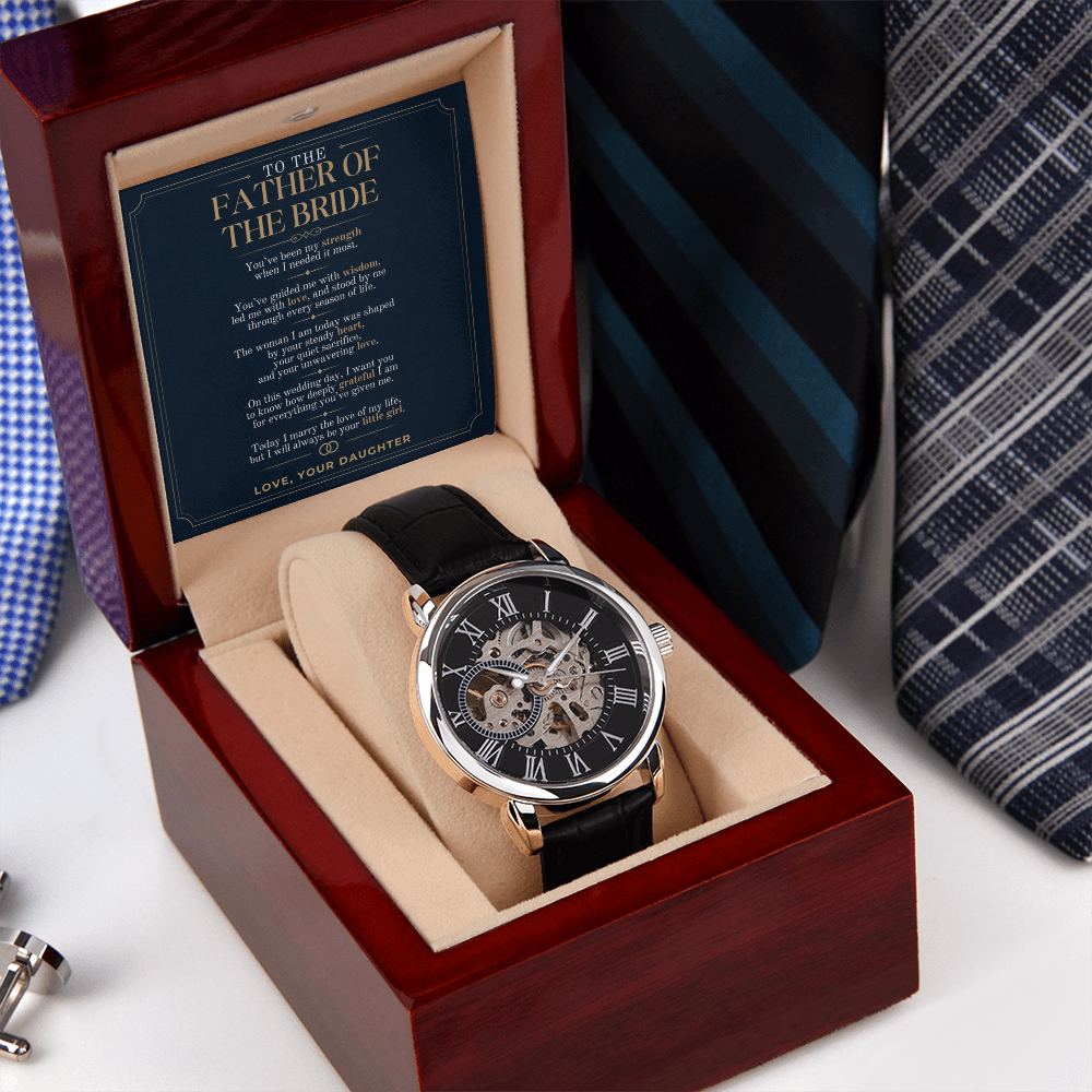 Father of the Bride Watch Gift from Daughter, Personalized Wedding Day Gift for Dad, Custom Message Card Openwork Watch, Bride to Dad Keepsake
