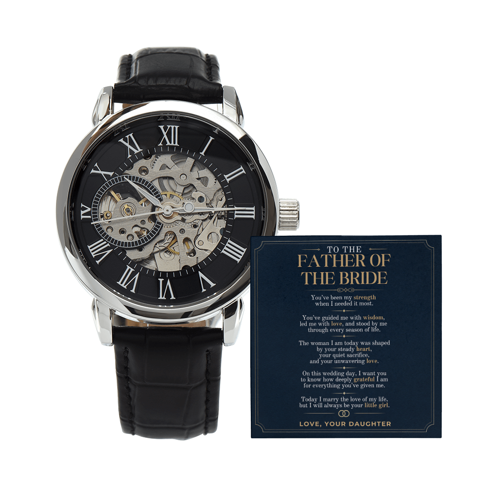 Father of the Bride Watch Gift from Daughter, Personalized Wedding Day Gift for Dad, Custom Message Card Openwork Watch, Bride to Dad Keepsake