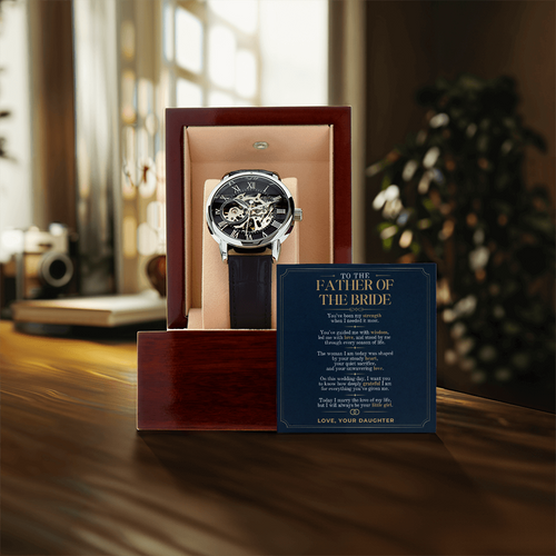 Father of the Bride Watch Gift from Daughter, Personalized Wedding Day Gift for Dad, Custom Message Card Openwork Watch, Bride to Dad Keepsake