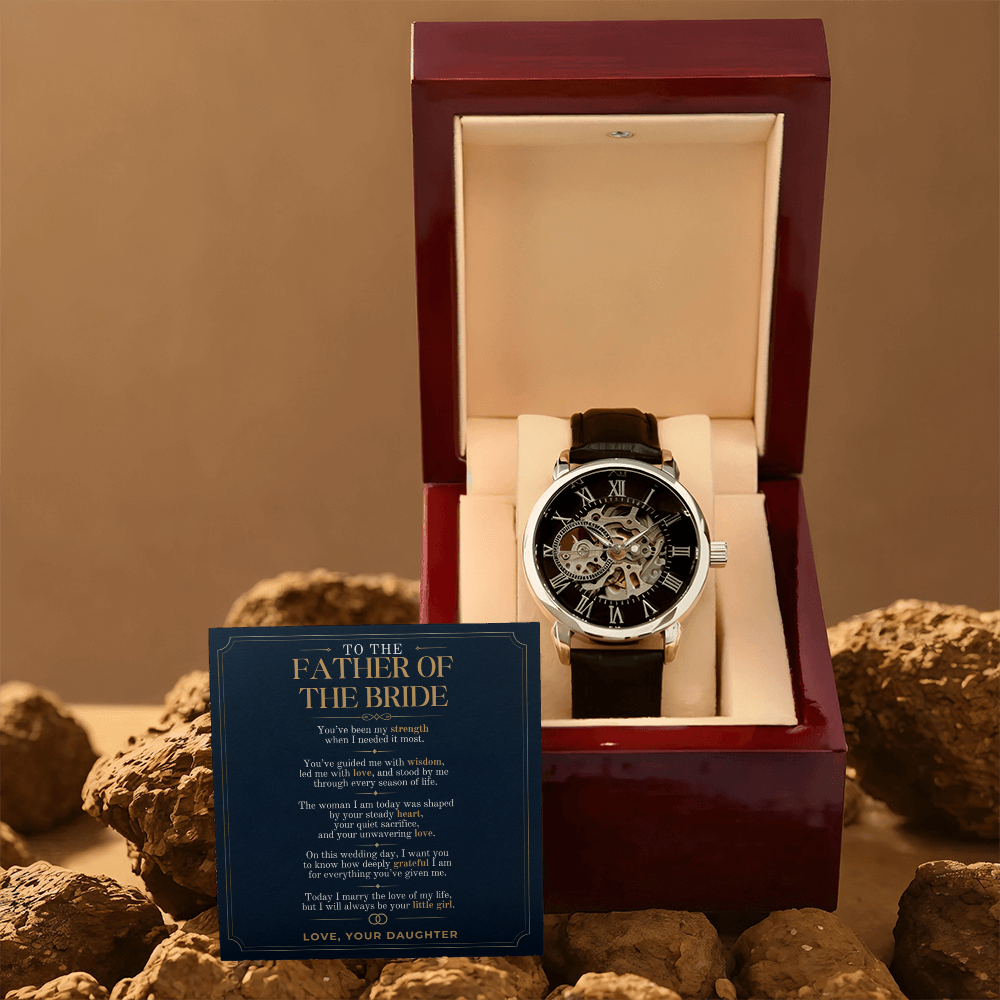 Father of the Bride Watch Gift from Daughter, Personalized Wedding Day Gift for Dad, Custom Message Card Openwork Watch, Bride to Dad Keepsake