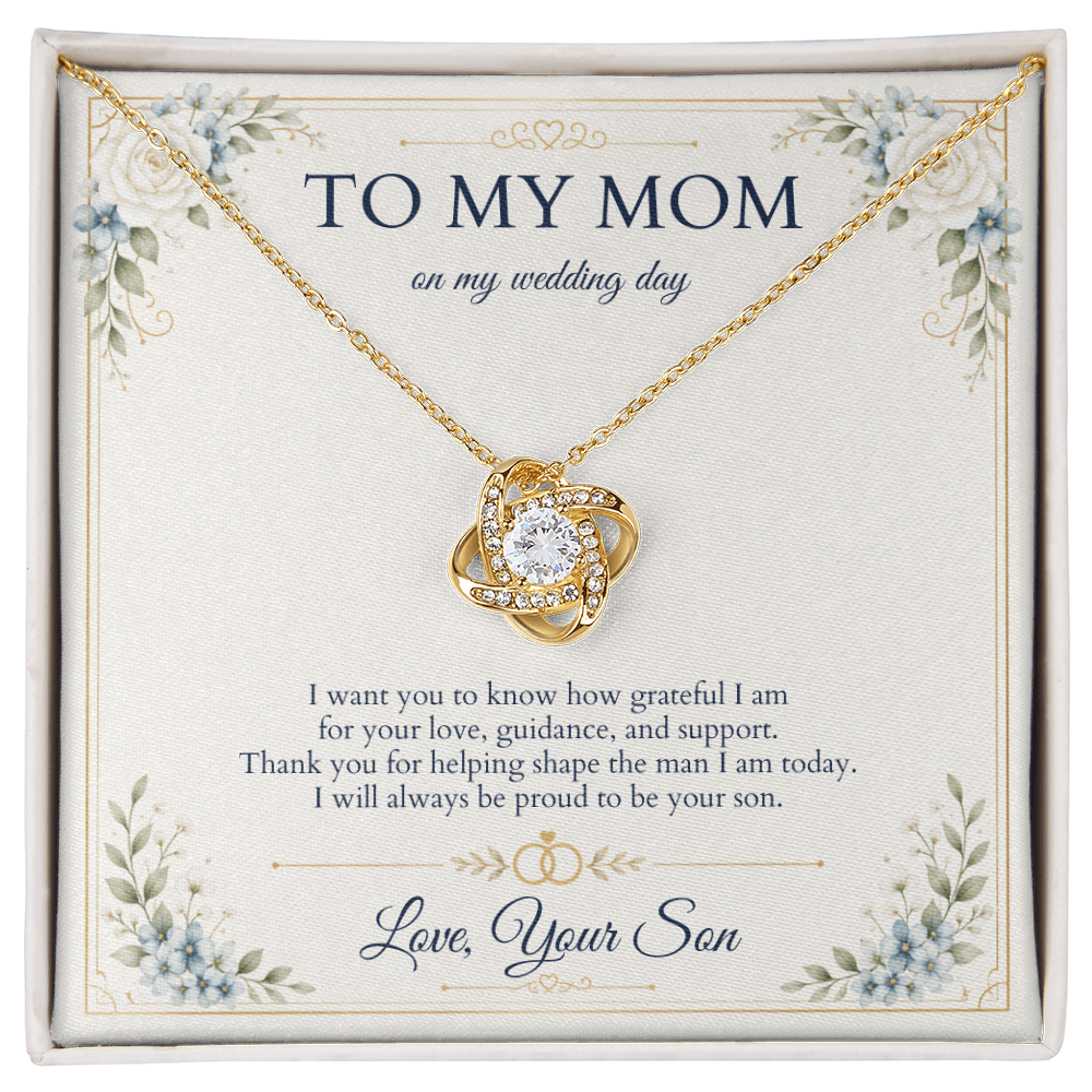 Mother of the Groom Necklace from Son, Wedding Day Gift for Mom, Love Knot Necklace with Personalized Message Card