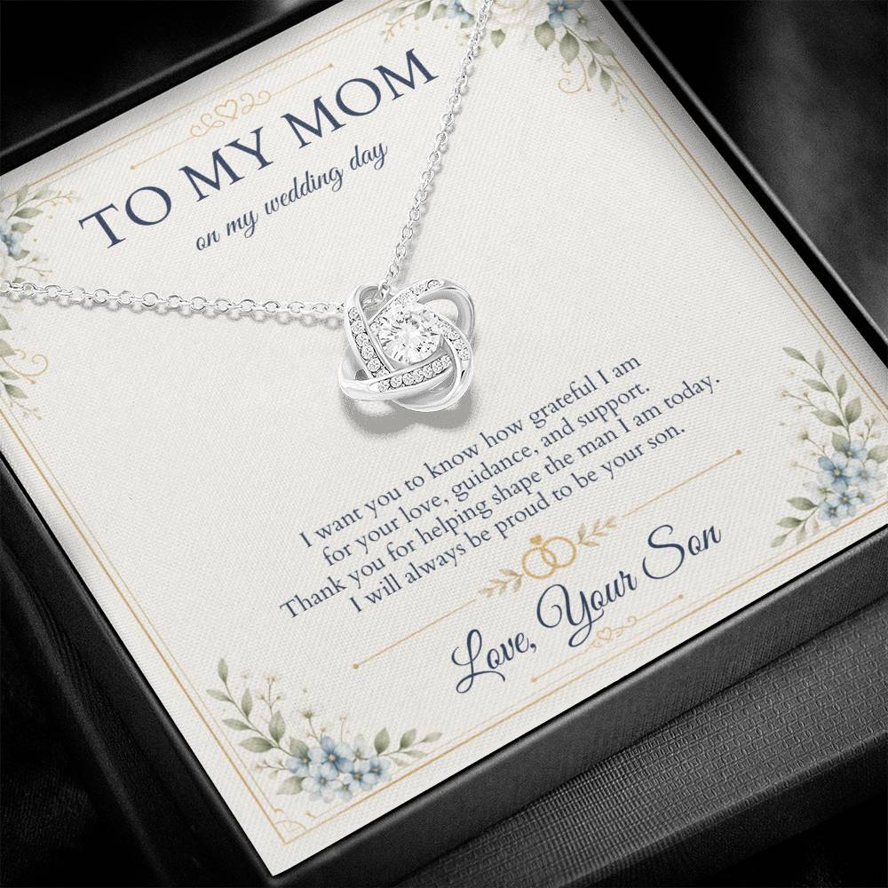 Mother of the Groom Necklace from Son, Wedding Day Gift for Mom, Love Knot Necklace with Personalized Message Card
