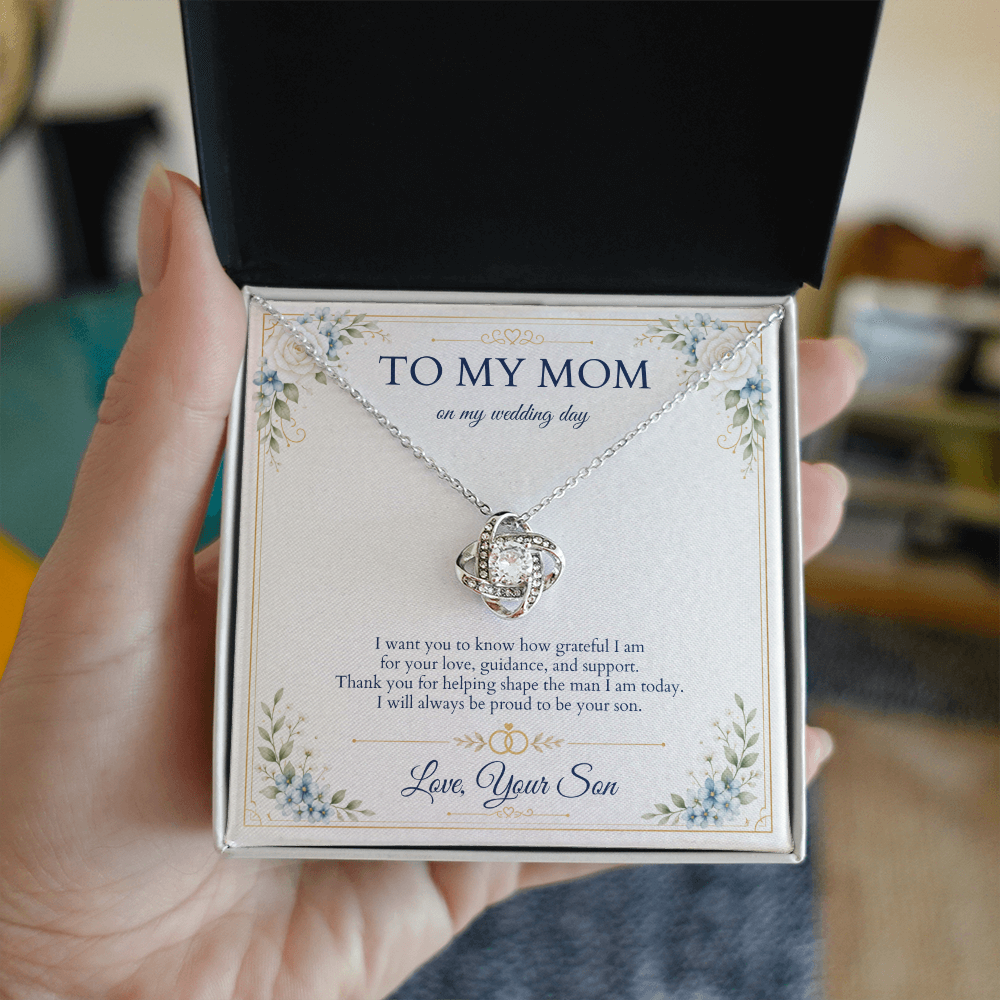 Mother of the Groom Necklace from Son, Wedding Day Gift for Mom, Love Knot Necklace with Personalized Message Card