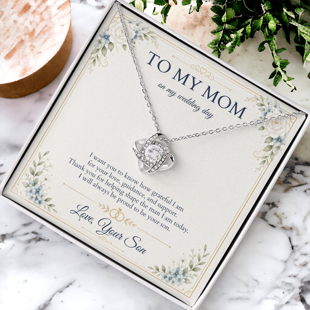 Mother of the Groom Necklace from Son, Wedding Day Gift for Mom, Love Knot Necklace with Personalized Message Card