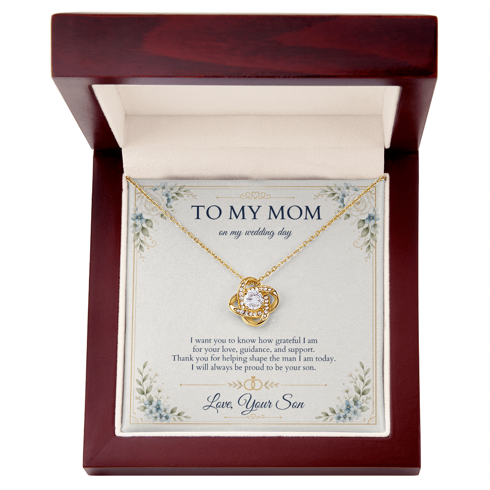 Mother of the Groom Necklace from Son, Wedding Day Gift for Mom, Love Knot Necklace with Personalized Message Card