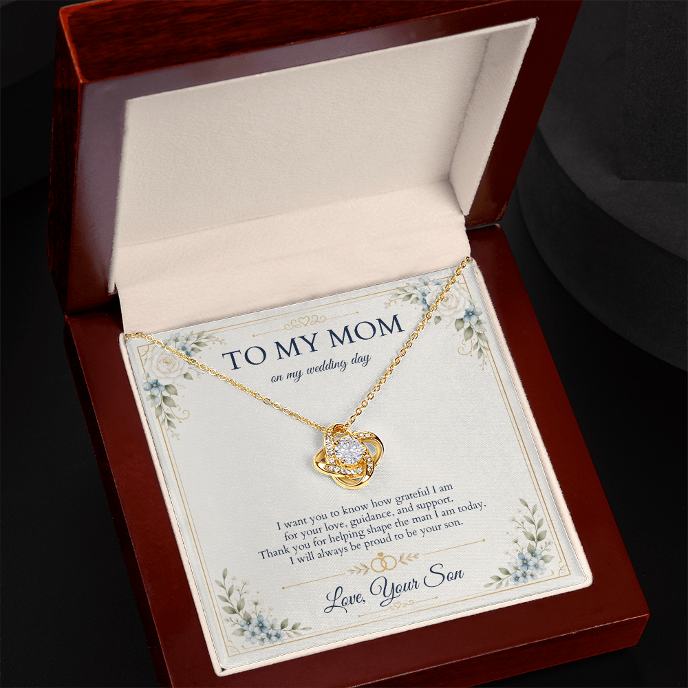 Mother of the Groom Necklace from Son, Wedding Day Gift for Mom, Love Knot Necklace with Personalized Message Card