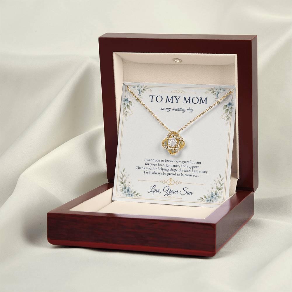 Mother of the Groom Necklace from Son, Wedding Day Gift for Mom, Love Knot Necklace with Personalized Message Card