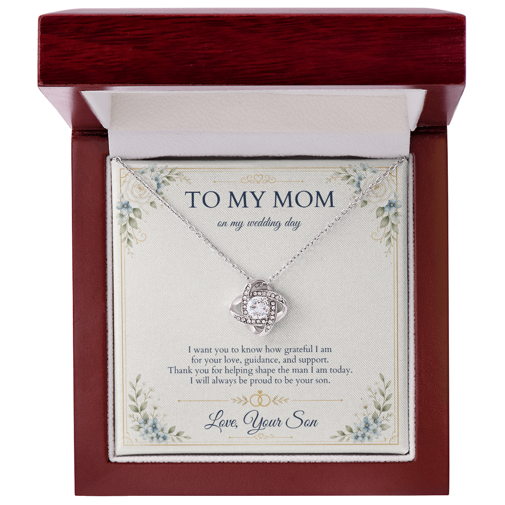 Mother of the Groom Necklace from Son, Wedding Day Gift for Mom, Love Knot Necklace with Personalized Message Card