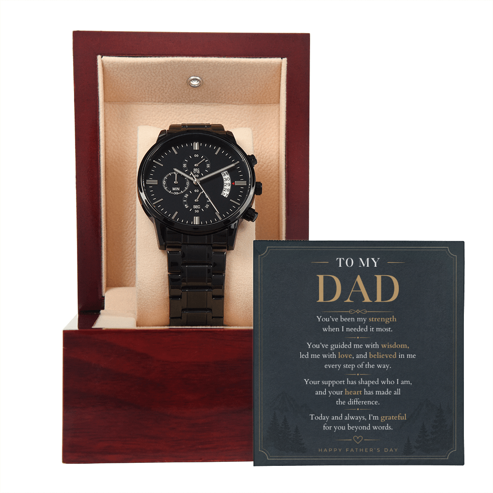 Father's Day Black Chronograph Watch with Meaningful Message Card for Dad