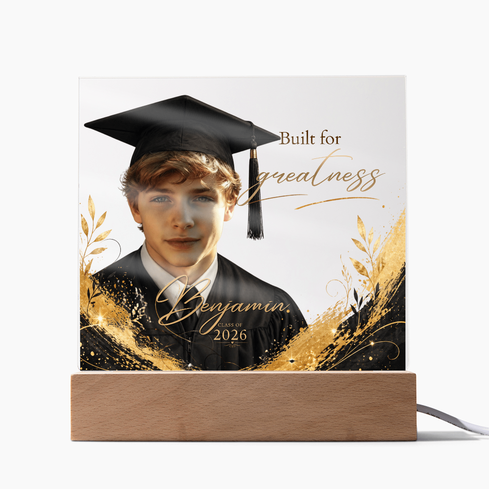 Personalized Graduation Photo LED Plaque for Him, Class of 2026 Keepsake, Black & Gold Accents