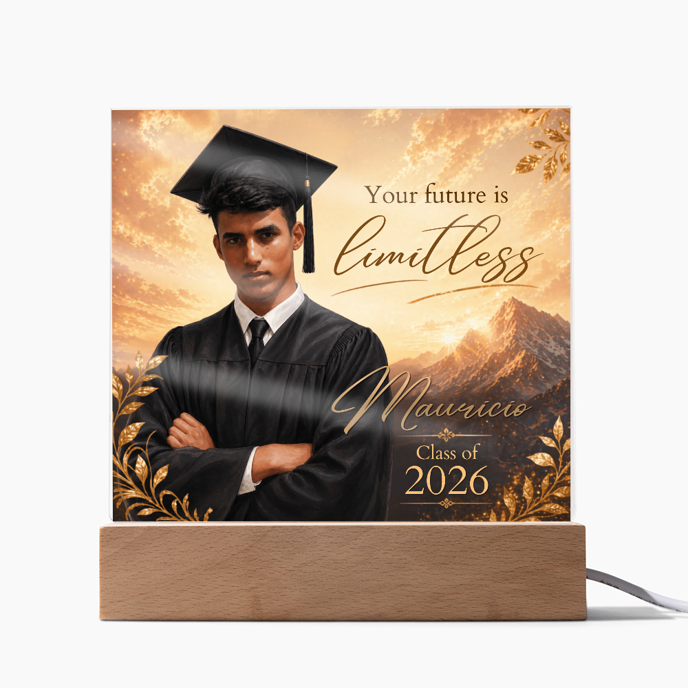 Custom Graduation Photo Acrylic Plaque for Him, Personalized Class of 2026 Mountain LED Keepsake Gift