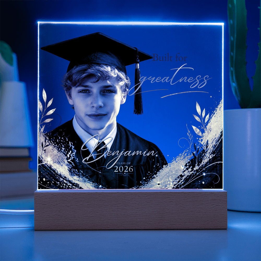 Personalized Graduation Photo LED Plaque for Him, Class of 2026 Keepsake, Black & Gold Accents