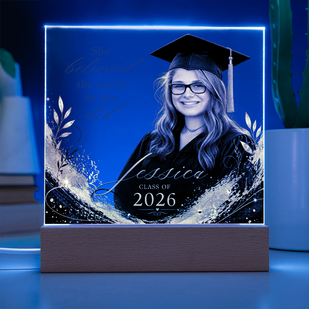 Personalized Graduation Photo LED Plaque for Her, Clear Black and Gold Class of 2026 Gift