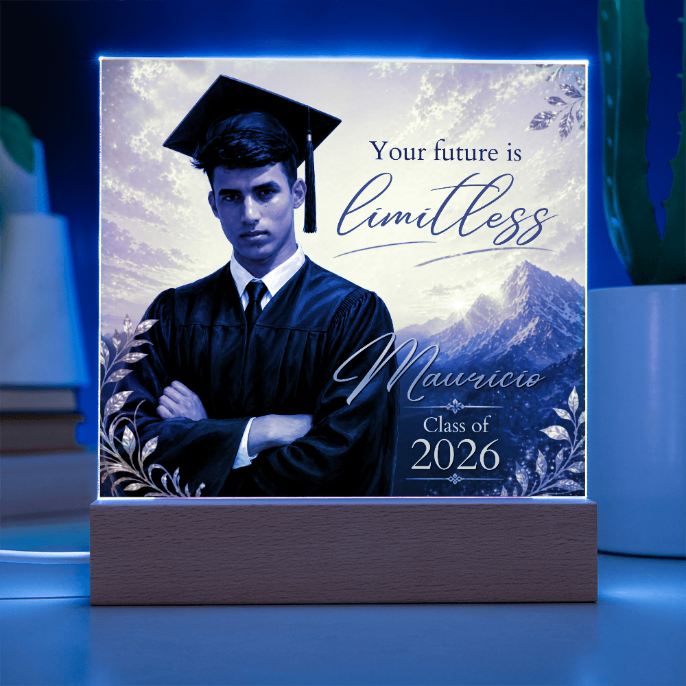 Custom Graduation Photo Acrylic Plaque for Him, Personalized Class of 2026 Mountain LED Keepsake Gift