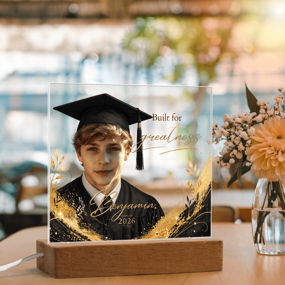 Personalized Graduation Photo LED Plaque for Him, Class of 2026 Keepsake, Black & Gold Accents