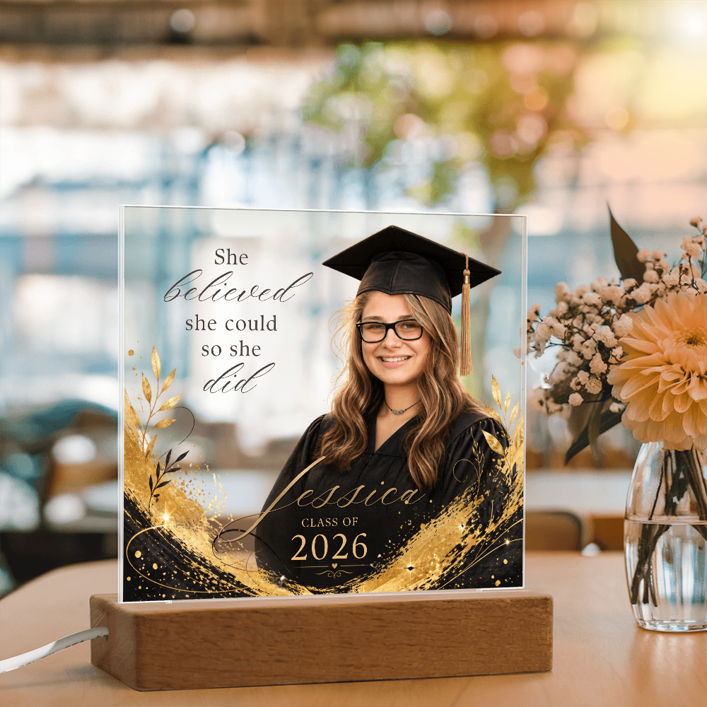 Personalized Graduation Photo LED Plaque for Her, Clear Black and Gold Class of 2026 Gift