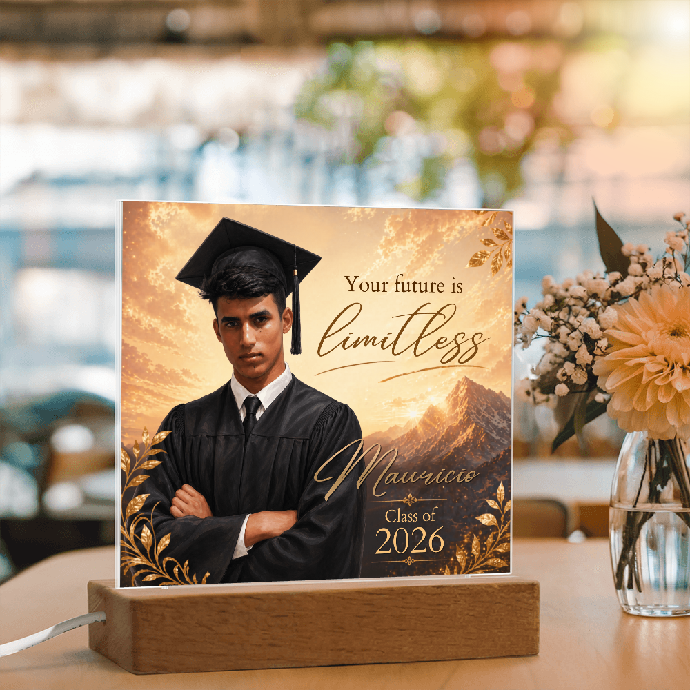 Custom Graduation Photo Acrylic Plaque for Him, Personalized Class of 2026 Mountain LED Keepsake Gift