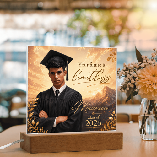 Custom Graduation Photo Acrylic Plaque for Him, Personalized Class of 2026 Mountain LED Keepsake Gift