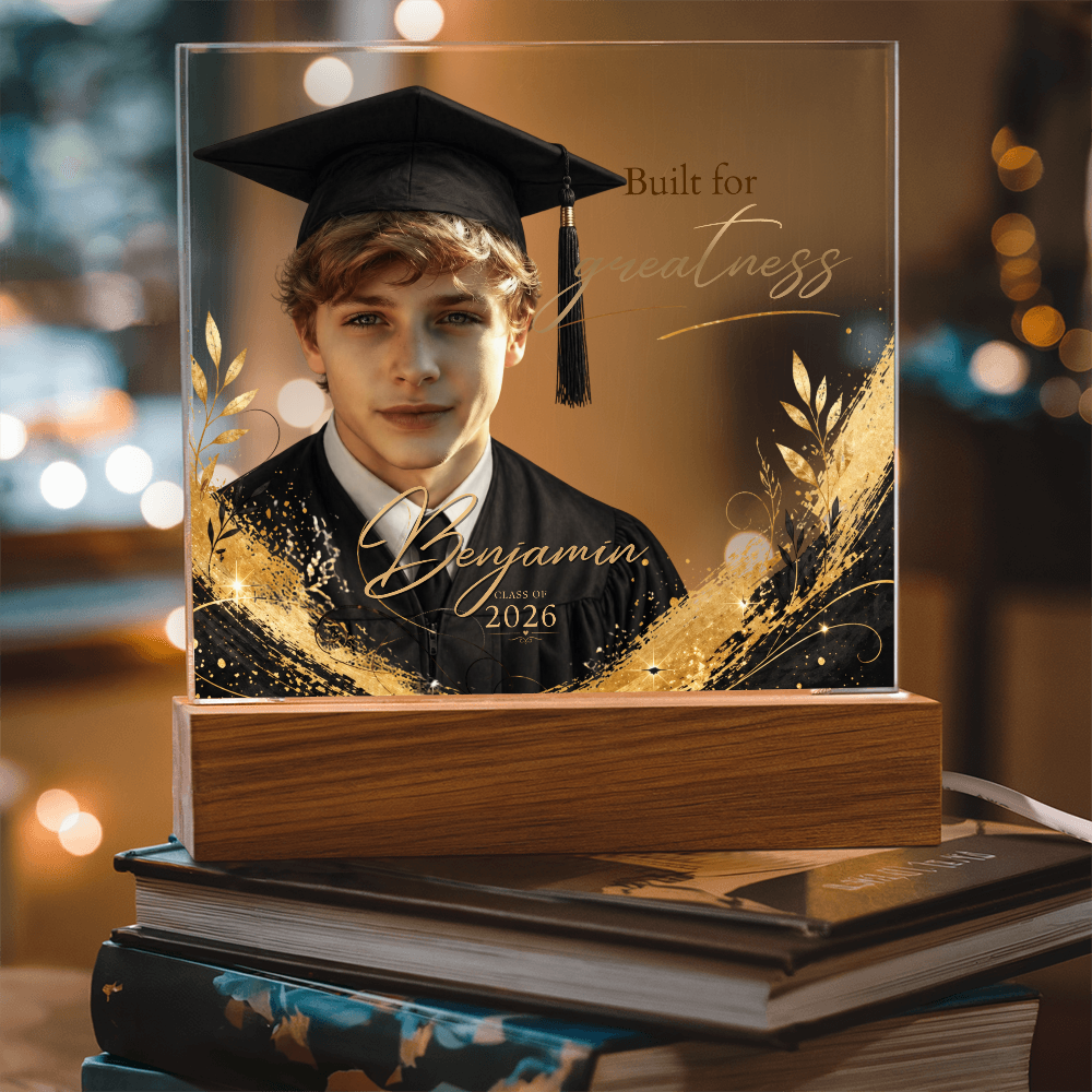 Personalized Graduation Photo LED Plaque for Him, Class of 2026 Keepsake, Black & Gold Accents