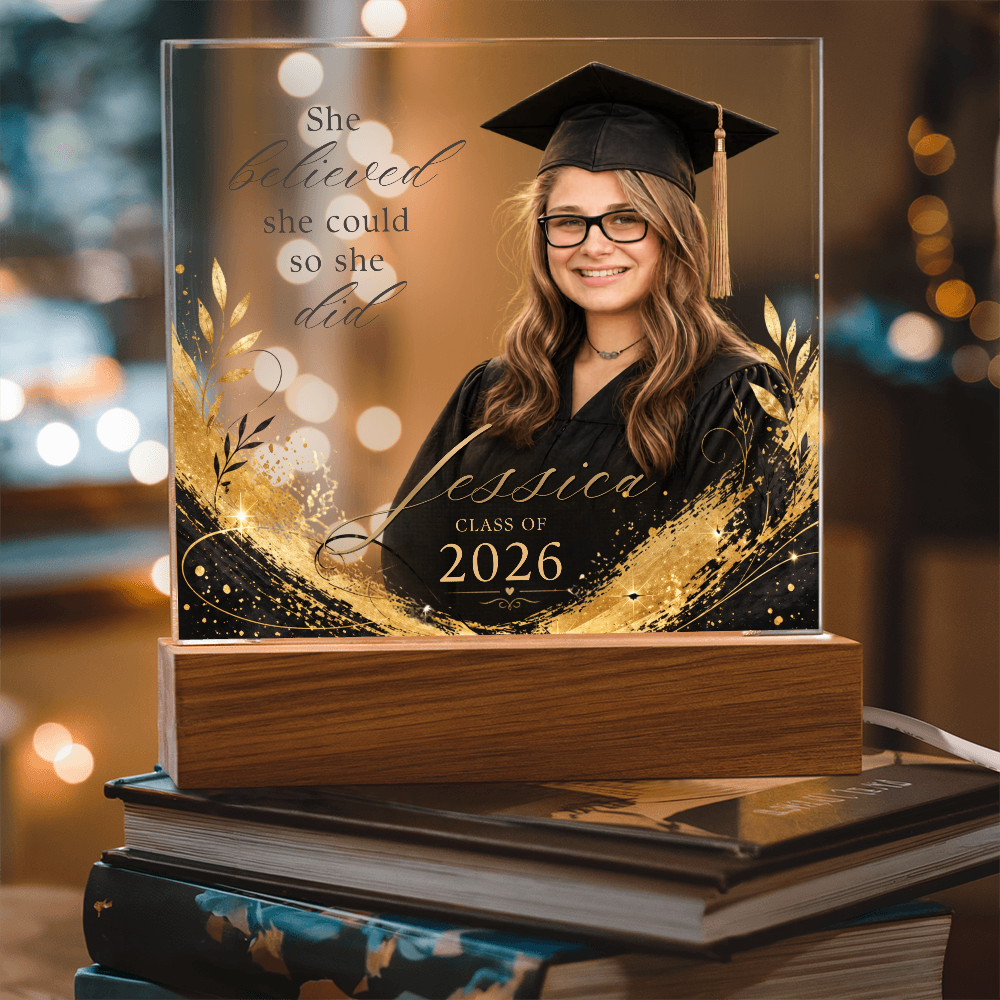 Personalized Graduation Photo LED Plaque for Her, Clear Black and Gold Class of 2026 Gift