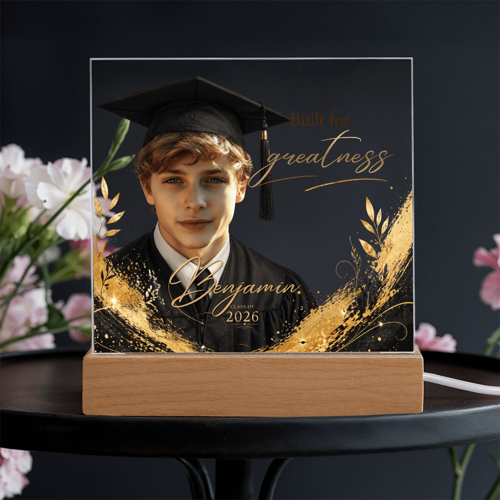 Personalized Graduation Photo LED Plaque for Him, Class of 2026 Keepsake, Black & Gold Accents