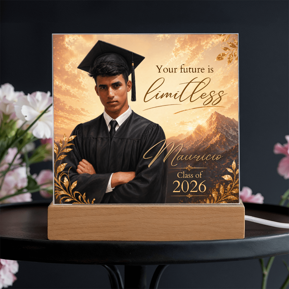 Custom Graduation Photo Acrylic Plaque for Him, Personalized Class of 2026 Mountain LED Keepsake Gift
