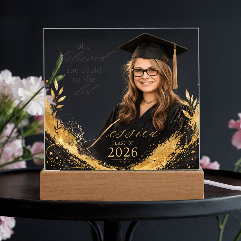 Personalized Graduation Photo LED Plaque for Her, Clear Black and Gold Class of 2026 Gift