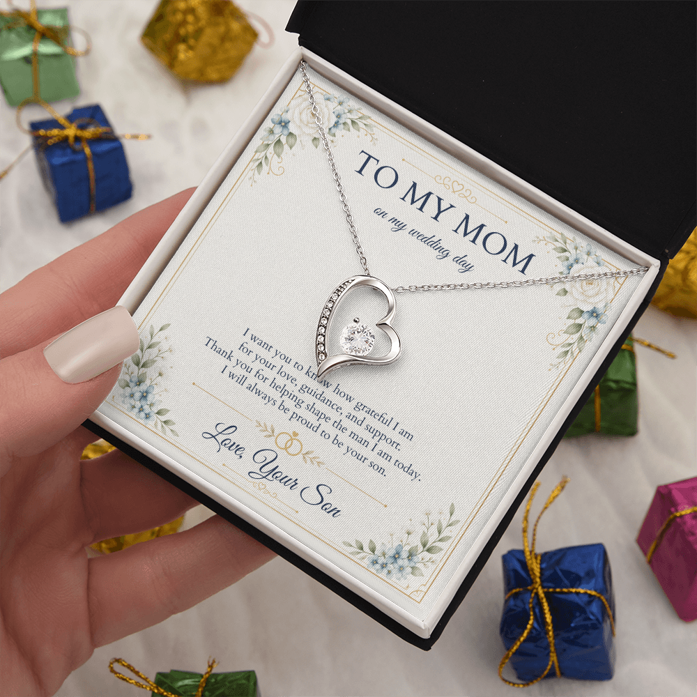 Mother of the Groom Necklace from Son, Wedding Day Gift for Mom, Forever Love Necklace with Personalized Message Card