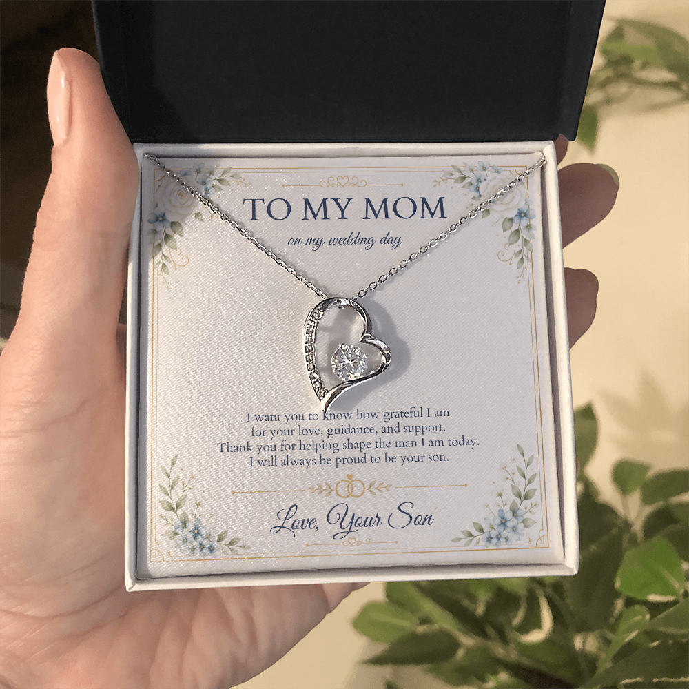 Mother of the Groom Necklace from Son, Wedding Day Gift for Mom, Forever Love Necklace with Personalized Message Card